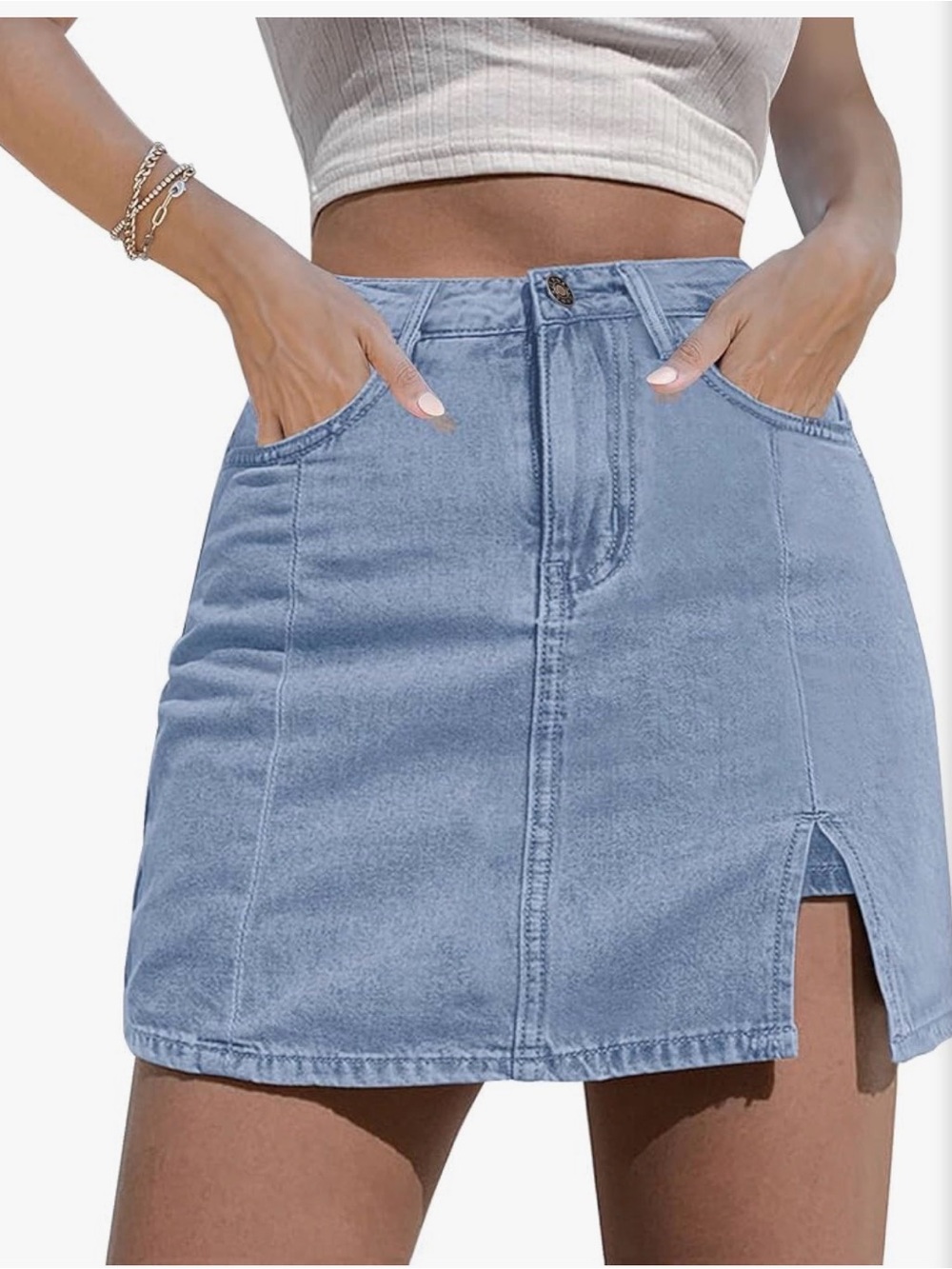 Light Blue Denim Mini Skirt with Front Slit & Undershorts